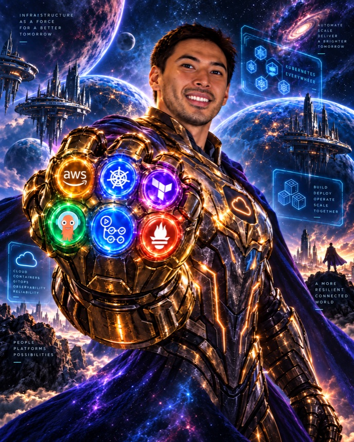 Stylised illustration of Anvar Salvar in a cosmic setting, holding a gauntlet set with glowing cloud and Kubernetes tool emblems